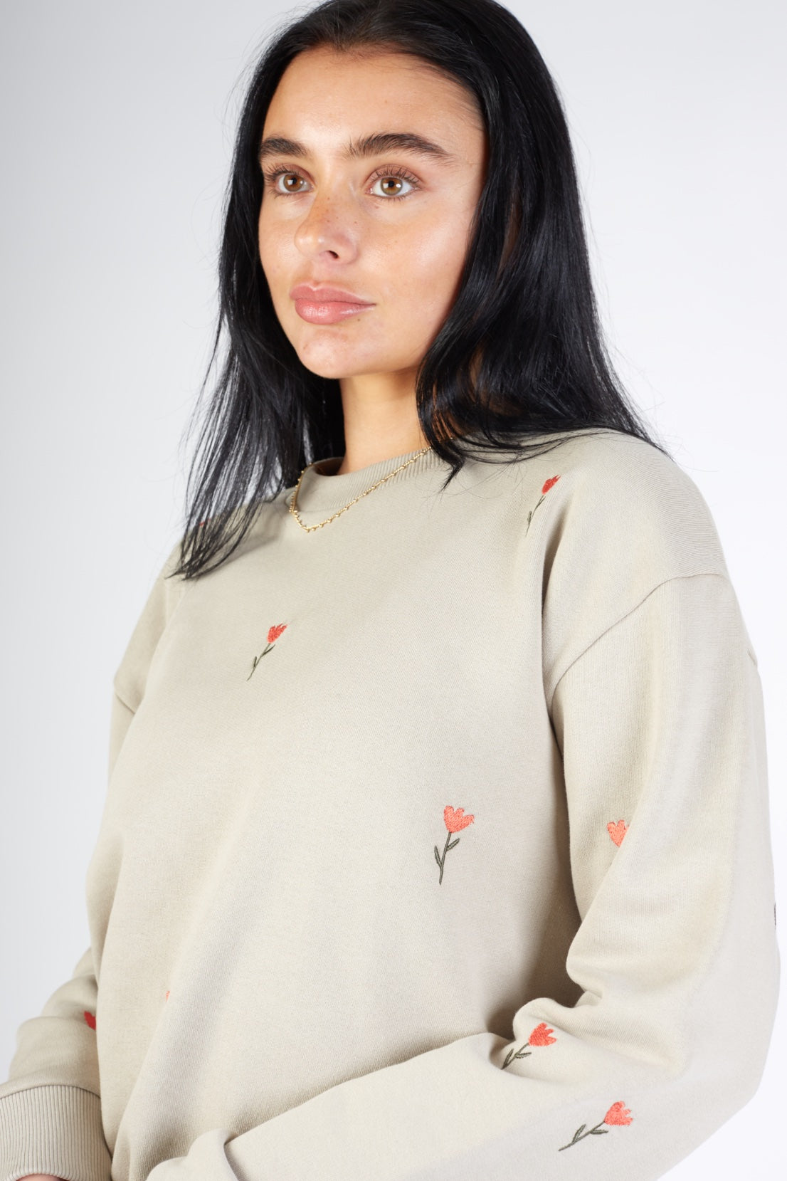 O&F Flower Embroidered Sweatshirt - Sand