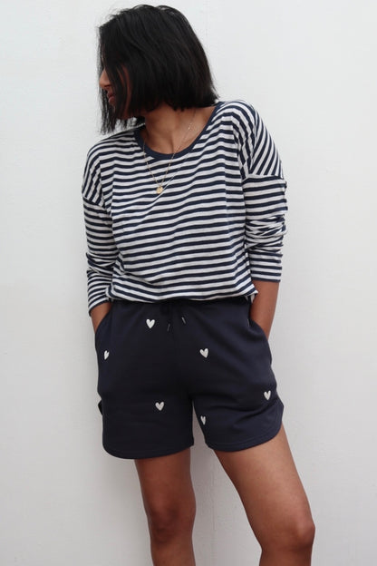 O&F Heart Embroidered Shorts - Navy
