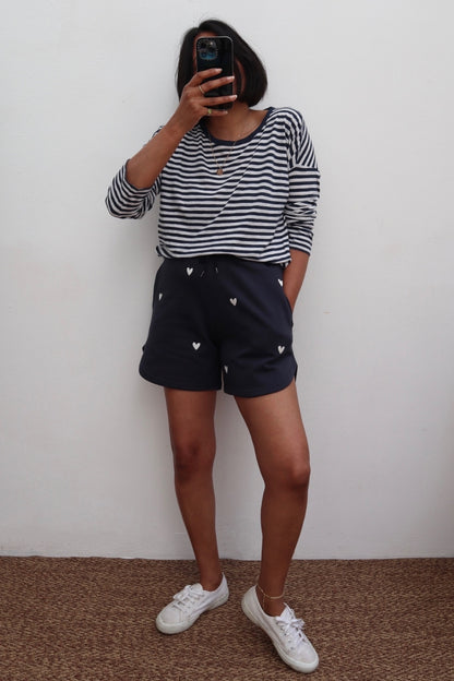 O&F Heart Embroidered Shorts - Navy