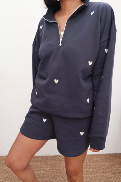 O&F Navy Heart Embroidered Quarter Zip Sweatshirt