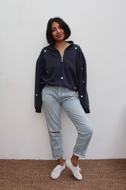 O&F Navy Heart Embroidered Quarter Zip Sweatshirt