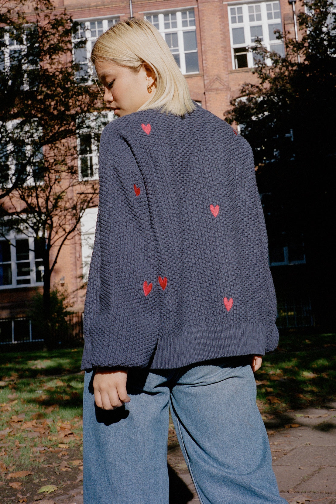 O&F Heart Embroidered Cardigan - Navy
