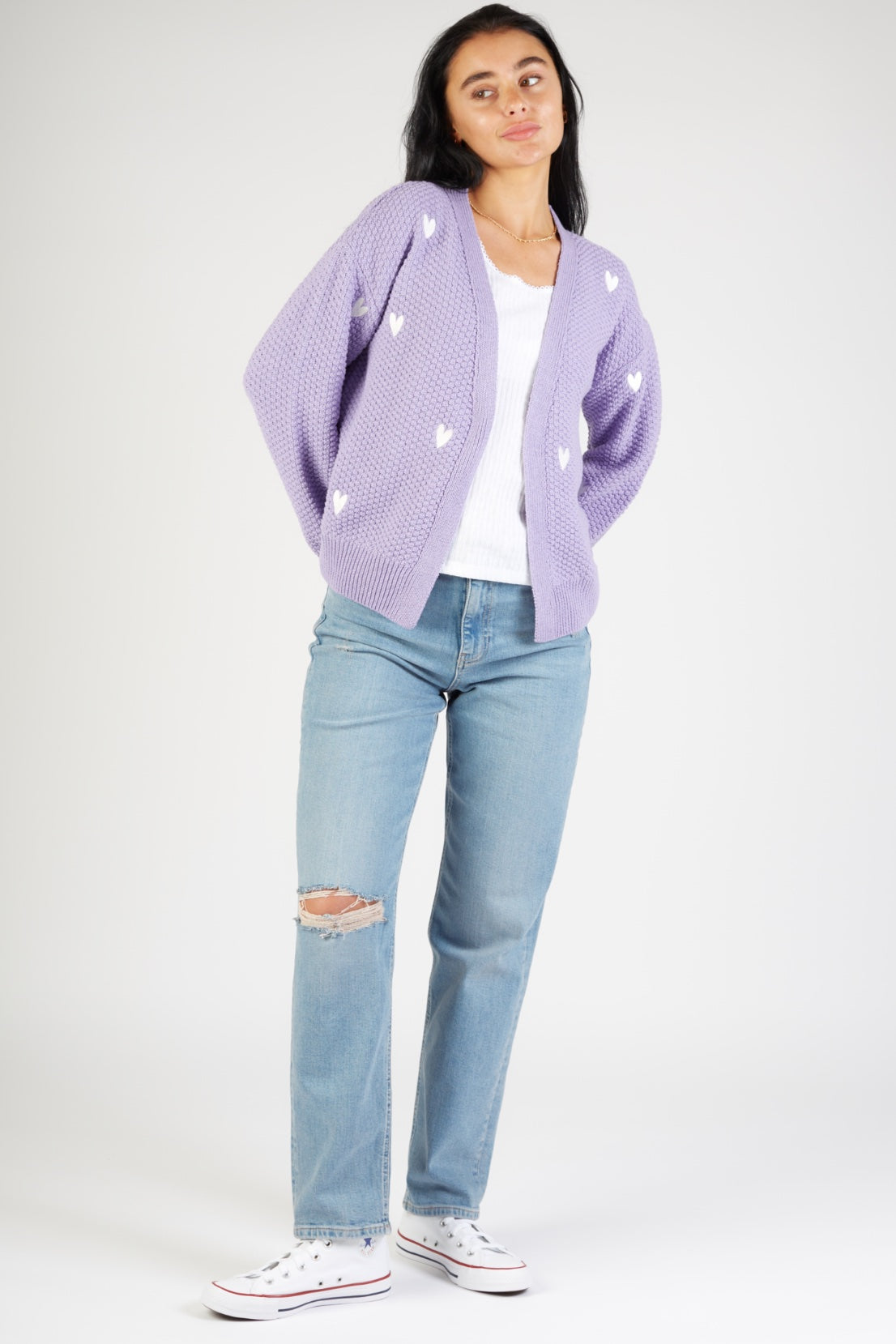 O&F Heart Embroidered Cardigan - Lilac
