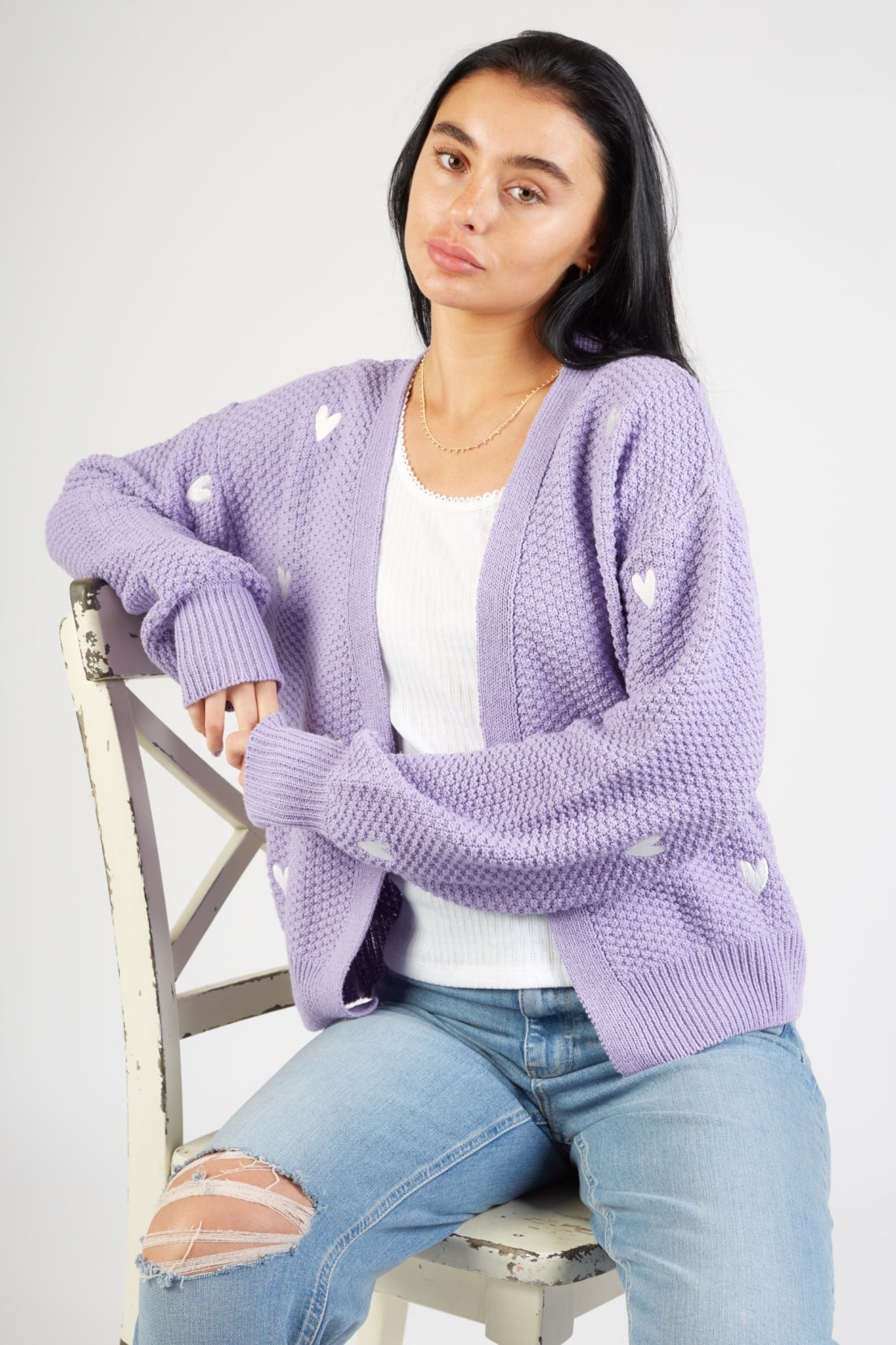 O&F Heart Embroidered Cardigan - Lilac