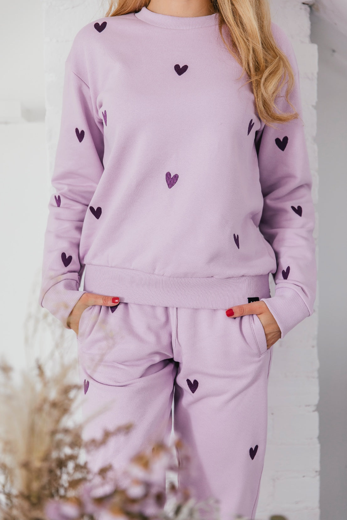 O&F Heart Embroidered Joggers - Lilac