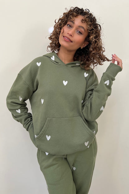O&F Heart Embroidered Hoodie - Olive