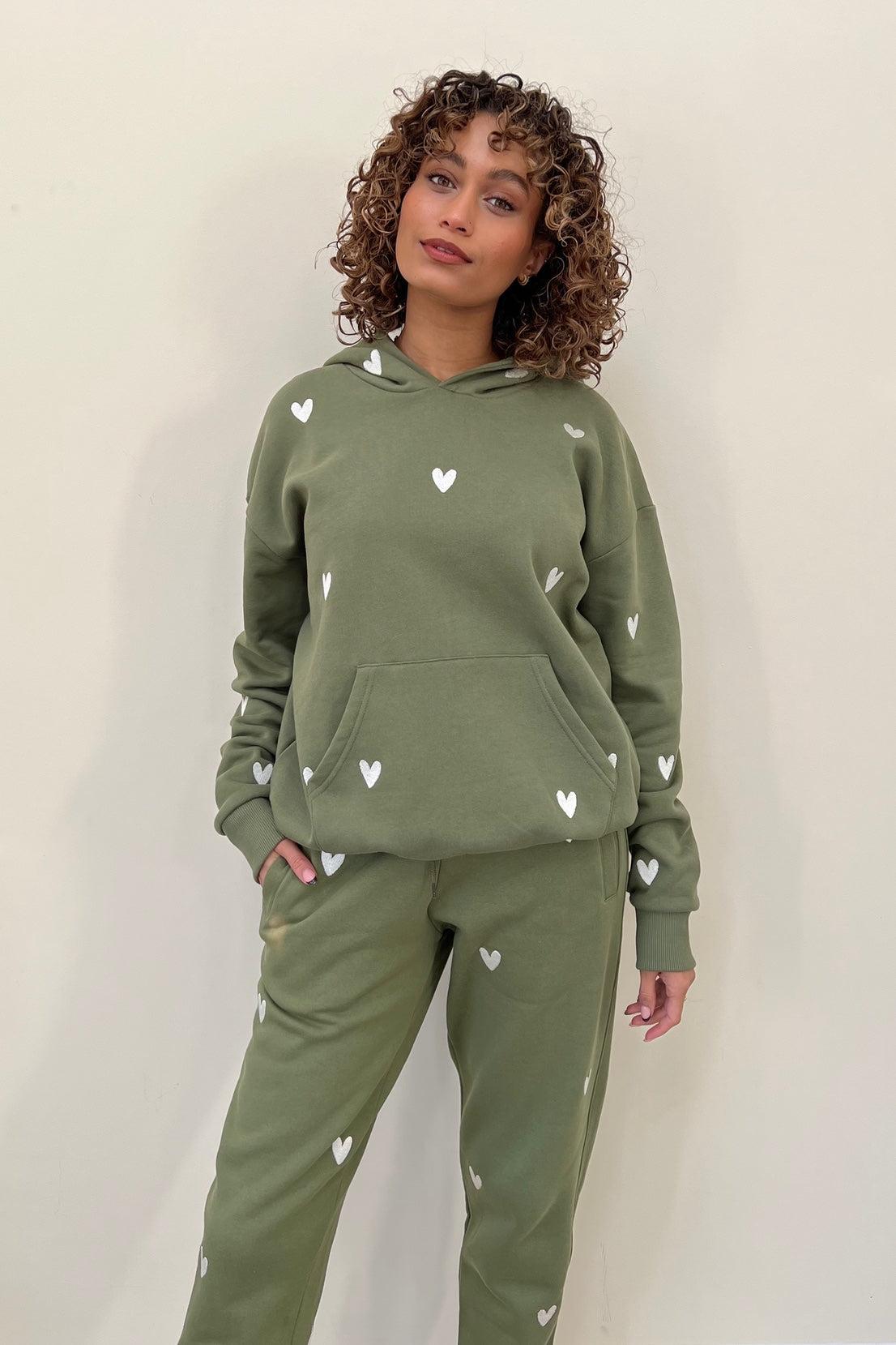 O&F Heart Embroidered Hoodie - Olive