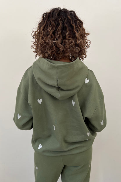O&F Heart Embroidered Hoodie - Olive
