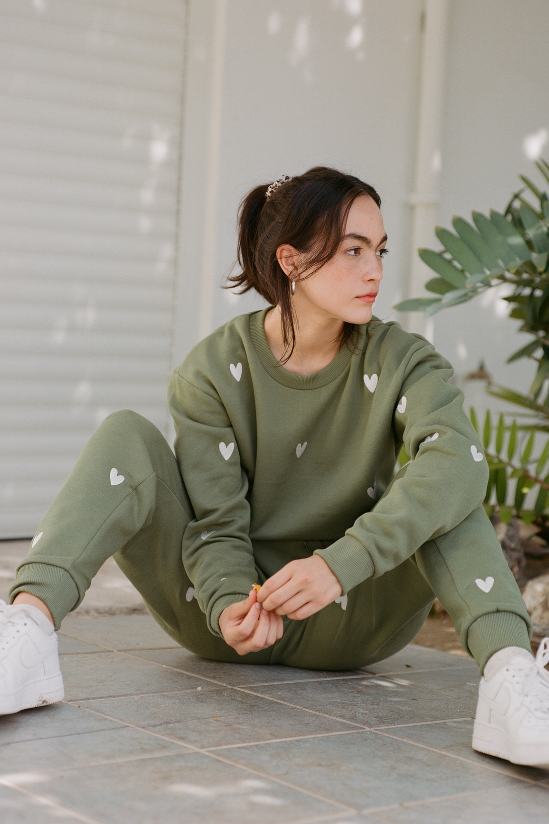 O&F Heart Embroidered Joggers - Olive