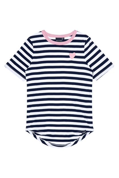 O&F Heart Embroidered Short Sleeve Breton Tee - Navy