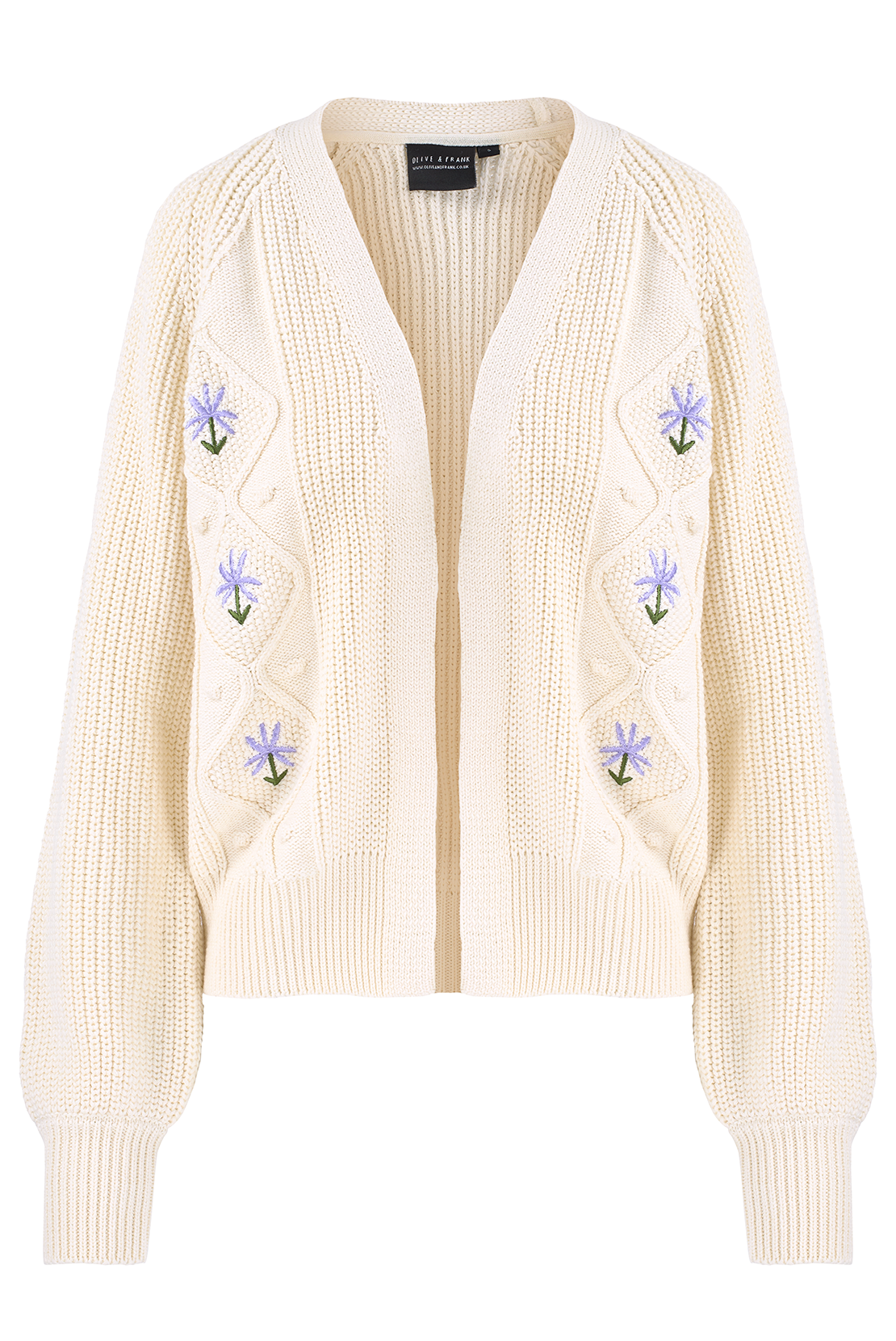 O&F Aran Flower Embroidered Cardigan - Cream
