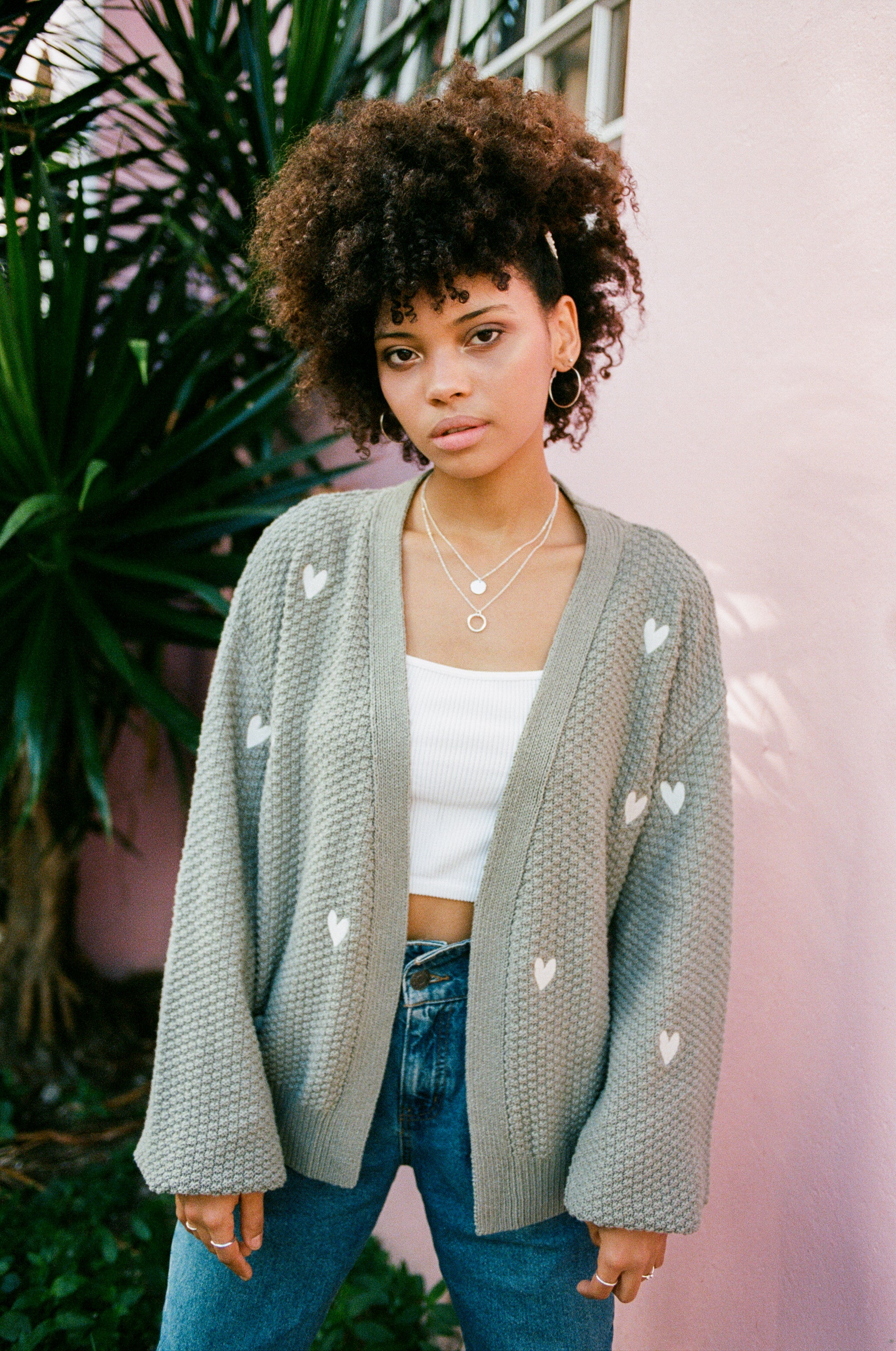 O F Heart Embroidered Cardigan Sage Olive and Frank