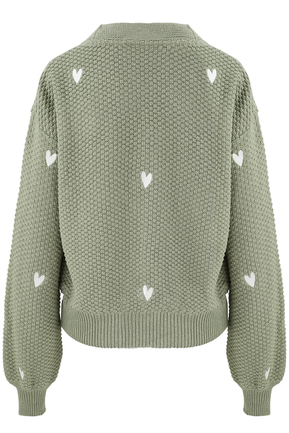 O&F Heart Embroidered Cardigan - Sage