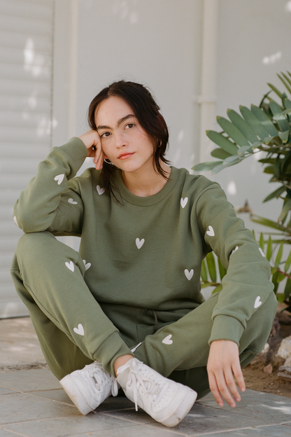O&F Heart Embroidered Sweatshirt - Olive