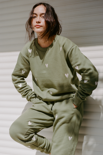 O&F Heart Embroidered Sweatshirt - Olive