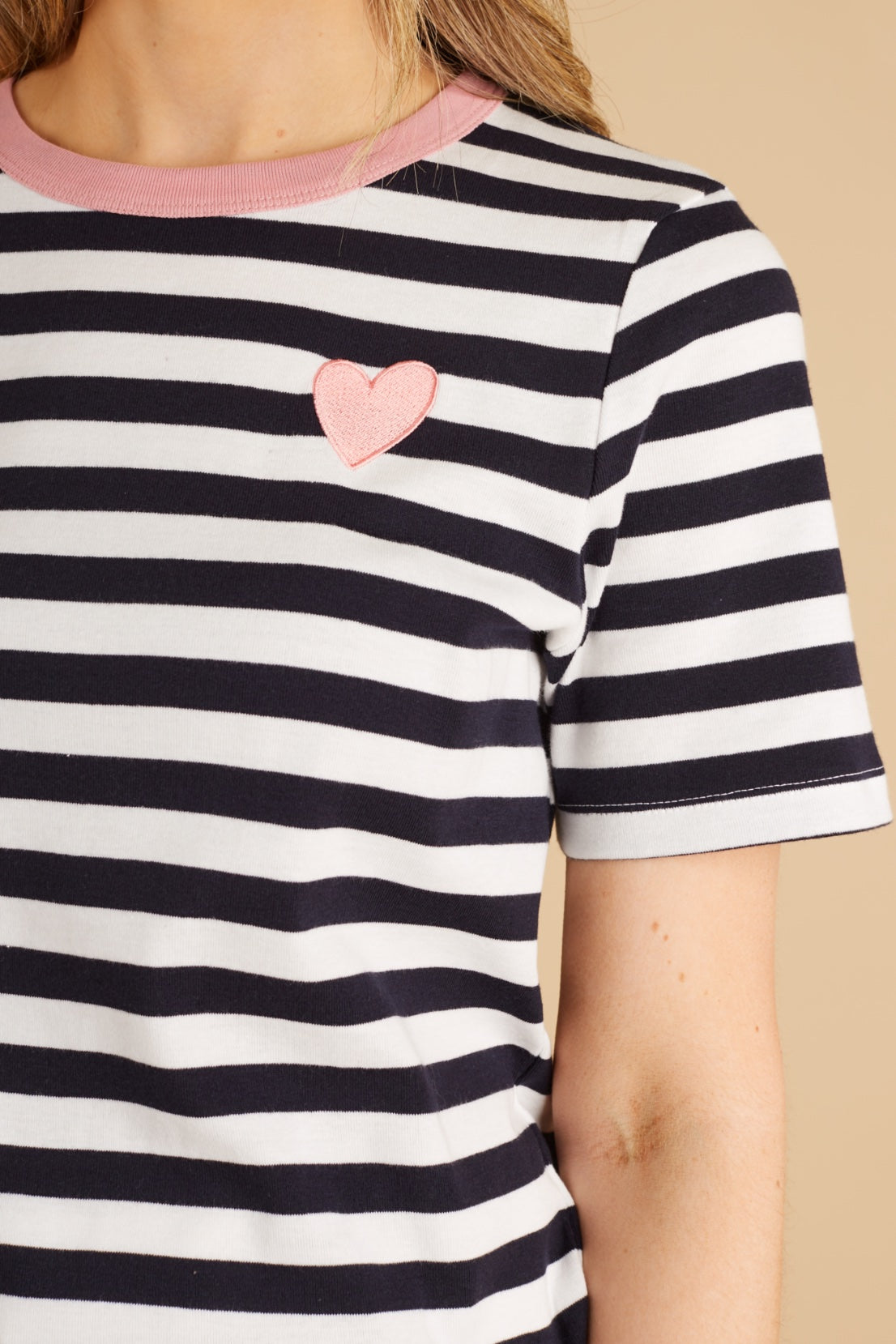 O&F Heart Embroidered Short Sleeve Breton Tee - Navy