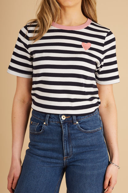 O&F Heart Embroidered Short Sleeve Breton Tee - Navy