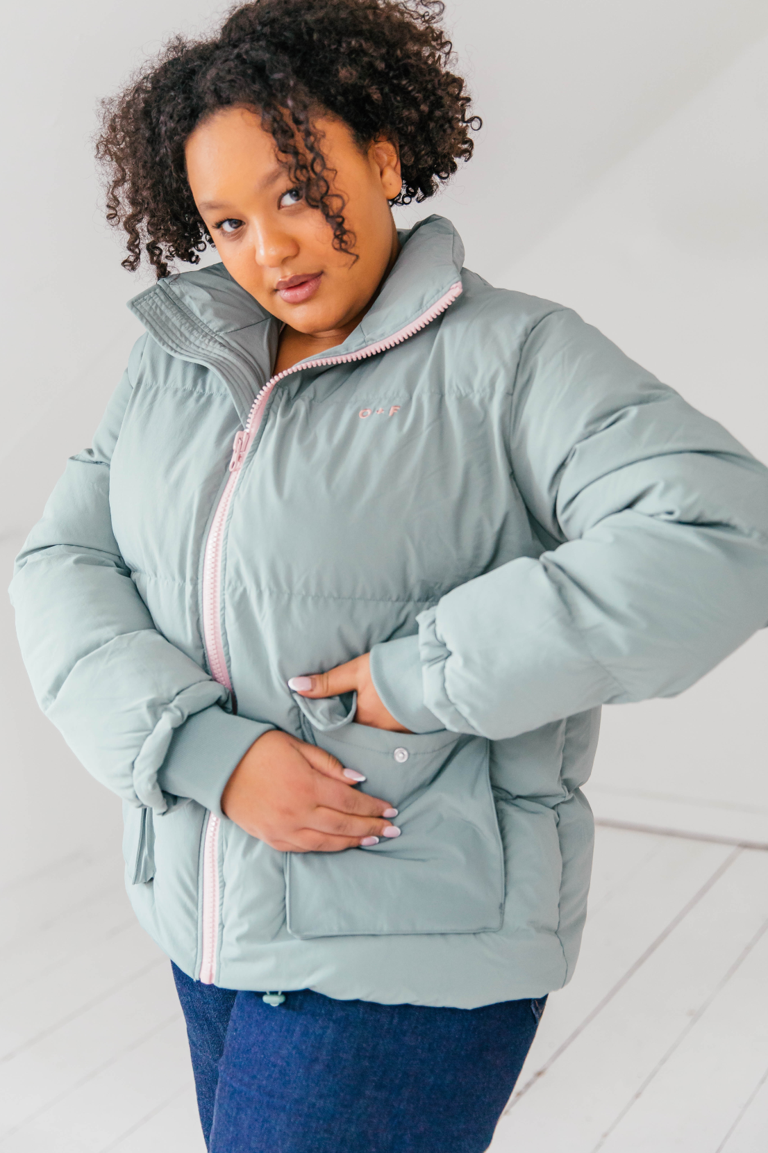 Light green puffer sales jacket