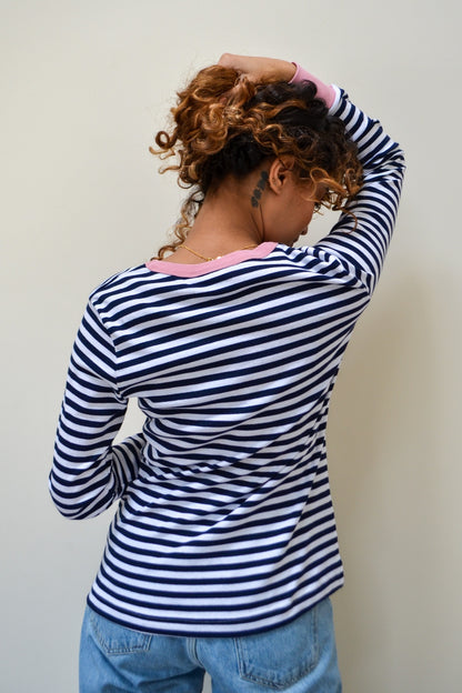 O&F Heart Embroidered Breton - Navy/Dusty Pink