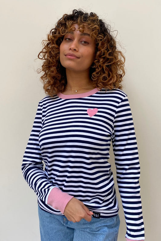 O&F Heart Embroidered Breton - Navy/Dusty Pink