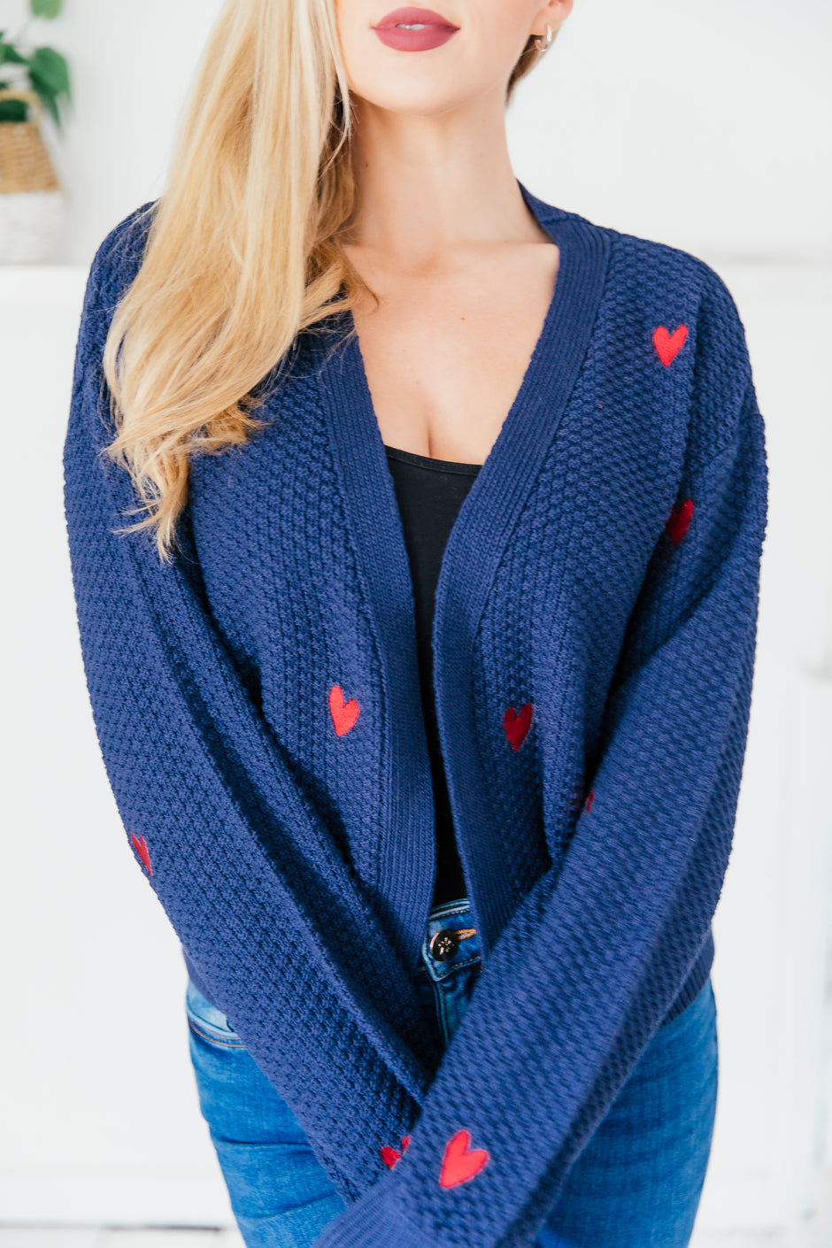 O&F Heart Embroidered Cardigan Navy