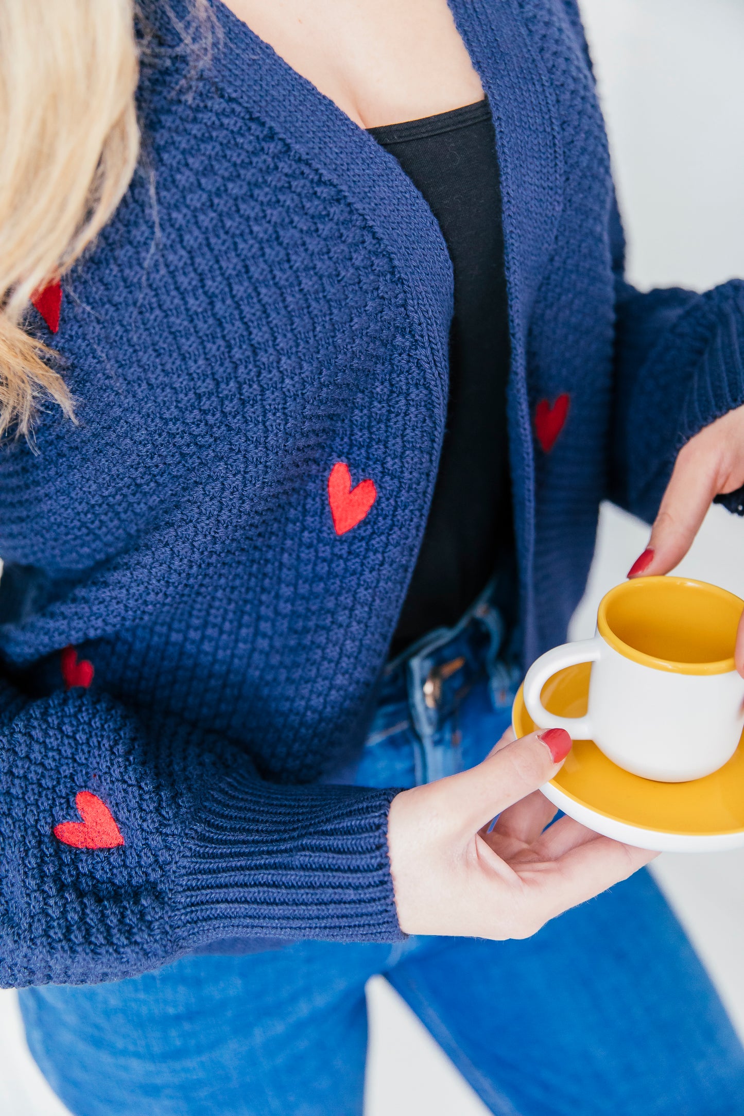 O&F Heart Embroidered Cardigan - Navy