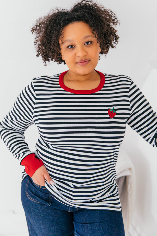 O&F Strawberry Embroidered Breton Tee